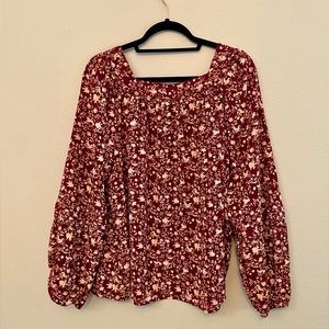 Lauren Conrad floral blouse, square neck, puff sleeve, red, fall, casual